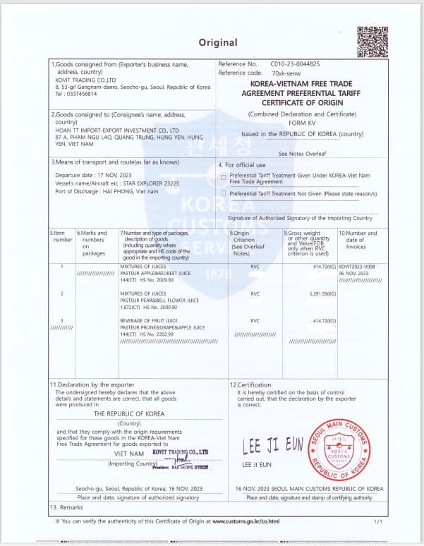 Certificate of Origin (Korea-Vietnam FTA, đủ 3 vị)