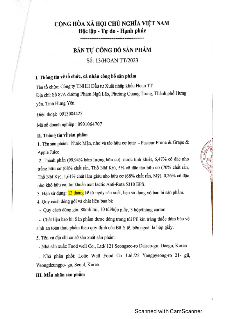 Hồ sơ tự công bố — Tăng Cân (Mận, Nho & Táo)