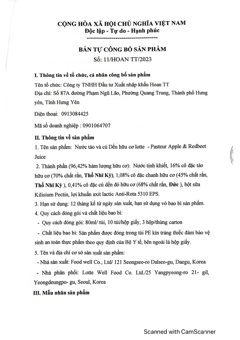 Hồ sơ tự công bố — Tăng Cao (Táo & Củ dền)