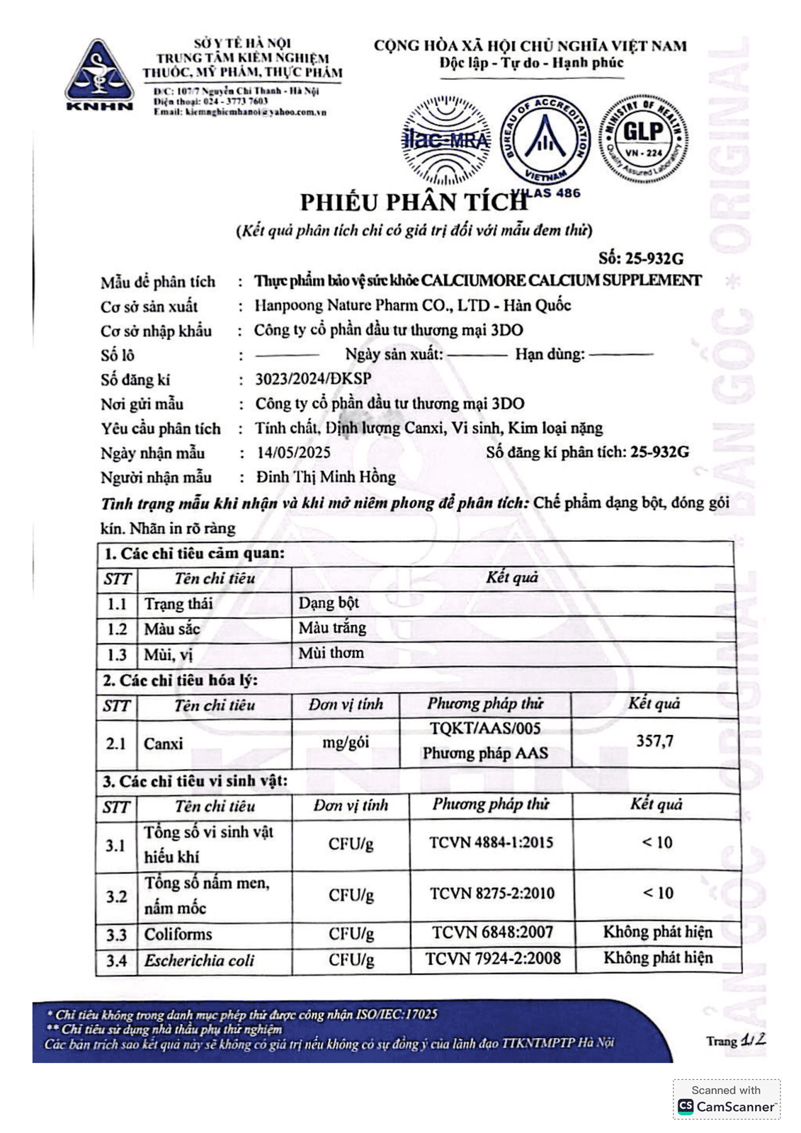 Phiếu kiểm nghiệm
